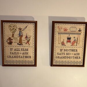 Vintage Framed In Canada Needlepoint Sampler Art Set Gift for Grandparents